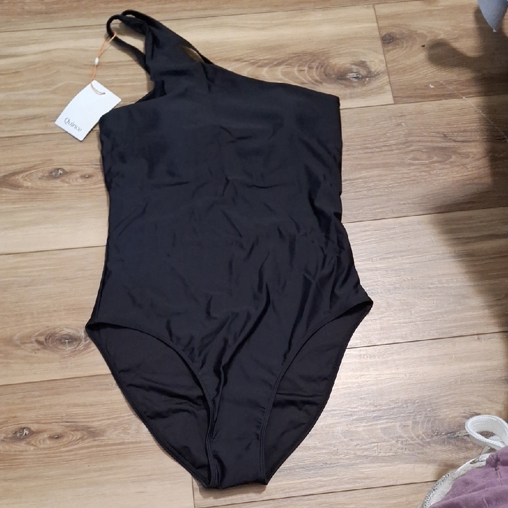 Quince Italian One Shoulder One-Piece Swimsuit Black M NWT - Picture 3 of 5